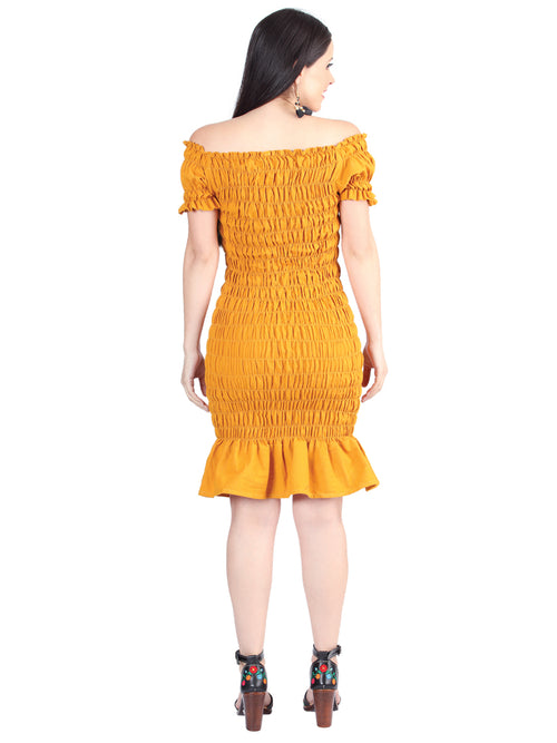 Artisanal Embroidered Dress 100% Cotton Mustard 604008