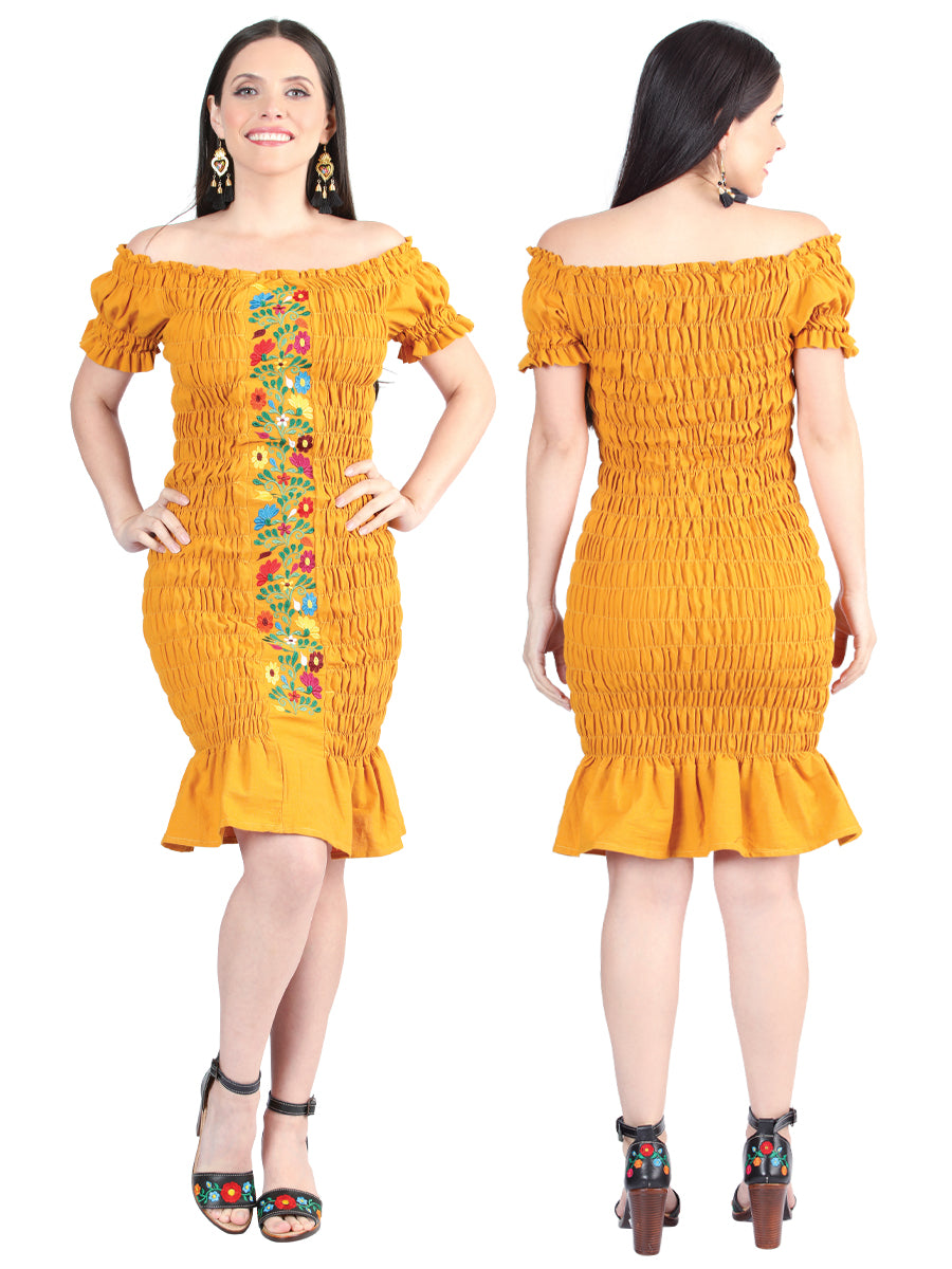 Artisanal Embroidered Dress 100% Cotton Mustard 604008
